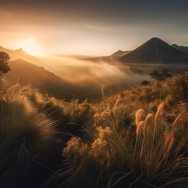 A sunset with the sun setting behind the mountains