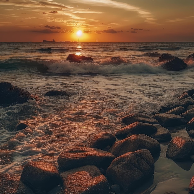 A sunset with the sun setting over the ocean