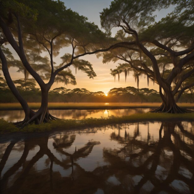 Photo a sunset with the sun setting behind the trees.