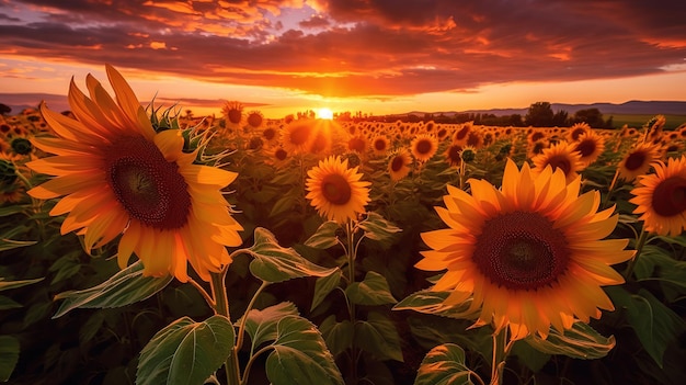 A sunset with a sunflower field in the foreground