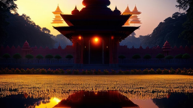 A sunset with a temple in the background