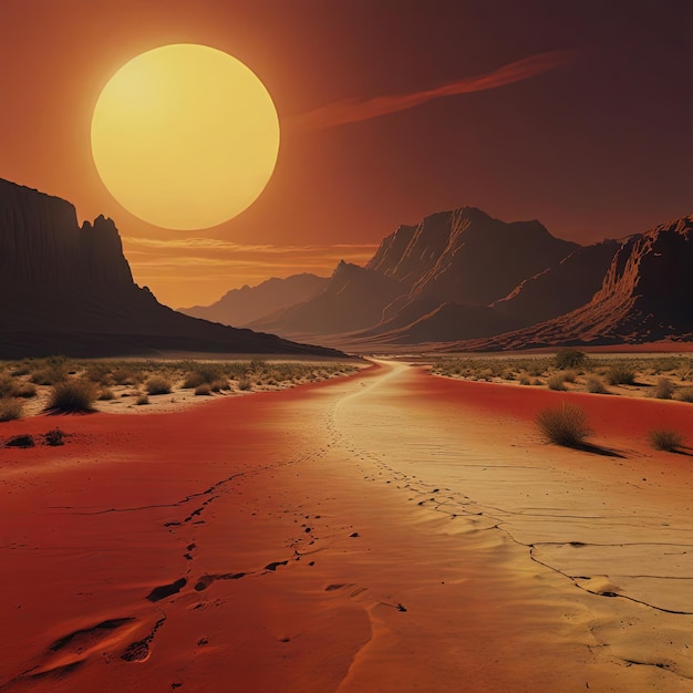 Photo a sunset with a trail in the desert