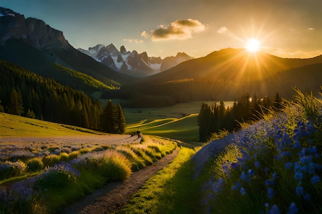 a sunset with a trail and mountains in the background.