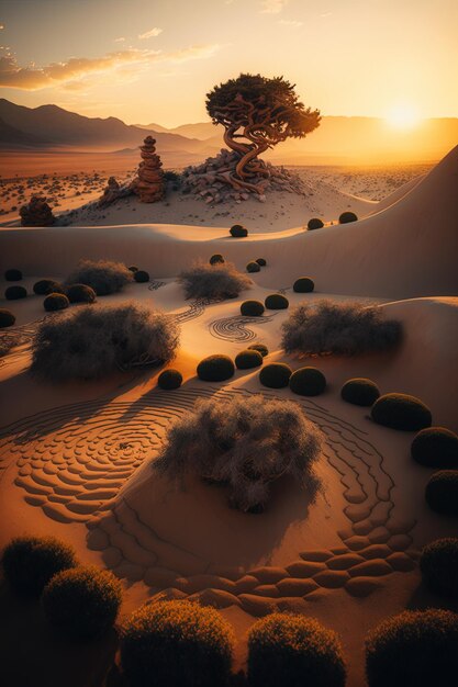 Photo a sunset with a tree in the desert