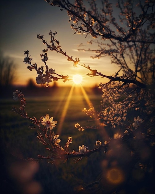 Photo a sunset with a tree in the foreground and a field in the background