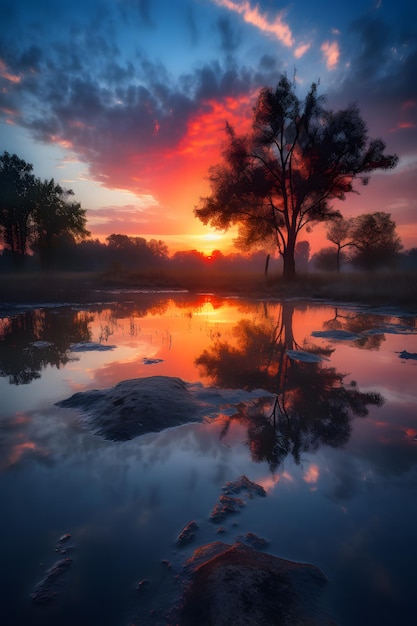 A sunset with a tree in the foreground and a red sky with clouds in the background.