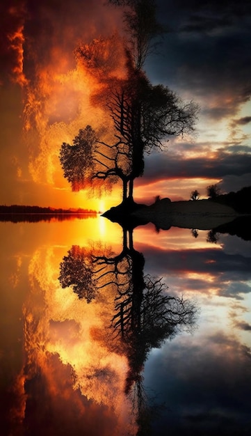 Photo a sunset with a tree in the foreground and the sky is orange and the sun is setting.