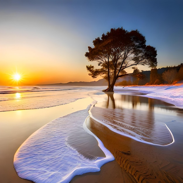 A sunset with a tree in the foreground and the sun setting on the horizon.