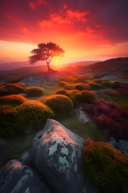 A sunset with a tree in the foreground and a sunset in the background.