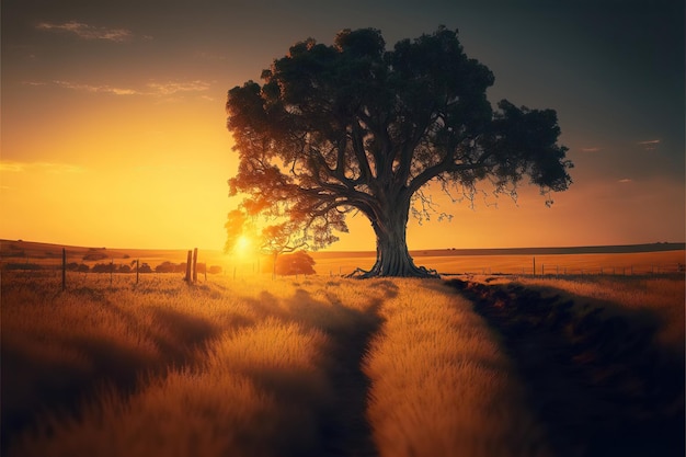 A sunset with a tree in the foreground