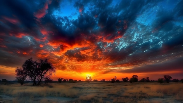 A sunset with a tree in the foreground