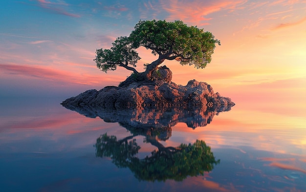 A Sunset with a Tree in the Water and the Sun in the Background