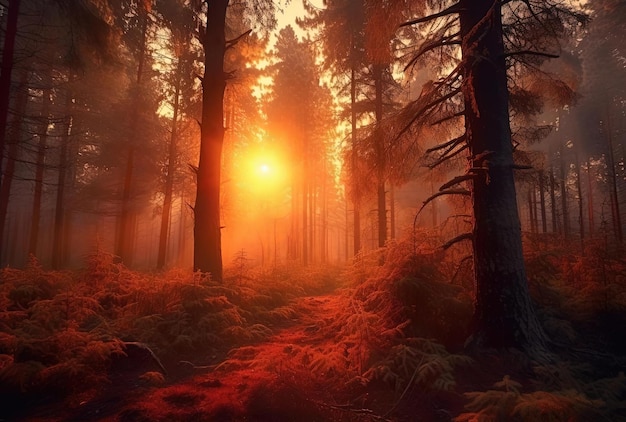 sunset with trees in the forest in the style of matthias haker