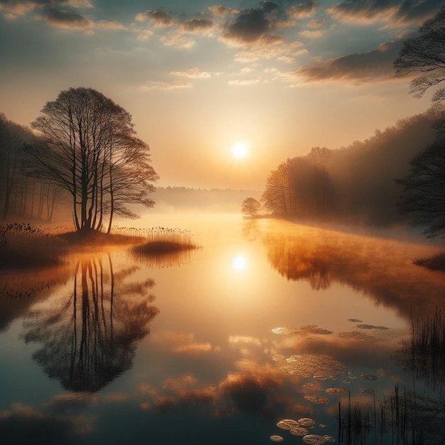 Photo a sunset with trees and a lake with the sun reflecting on the water