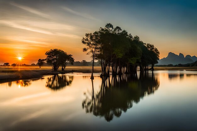 a sunset with trees and a lake with a sunset in the background.