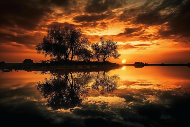 A sunset with trees and the sky is orange and the sun is setting.