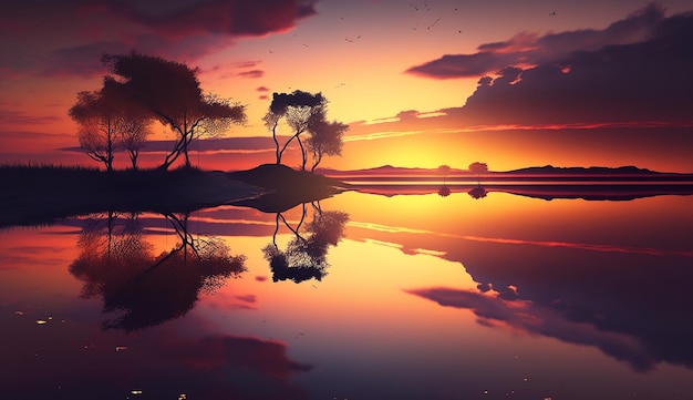 A sunset with trees on the water and the sun reflecting on the water