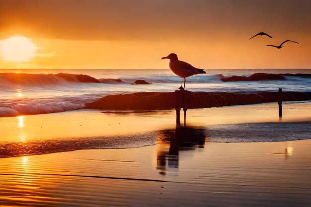 A sunset with two birds on the beach