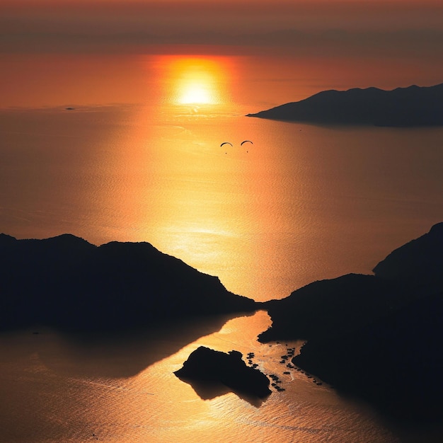 Photo a sunset with two birds flying over the ocean and a small island in the background.