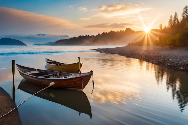 A sunset with two boats on the water