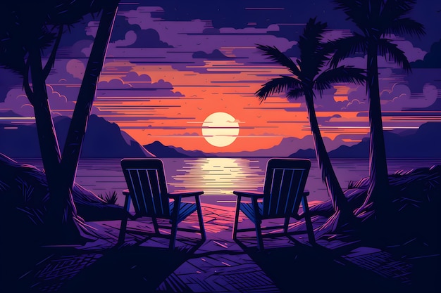 A sunset with two chairs on the beach