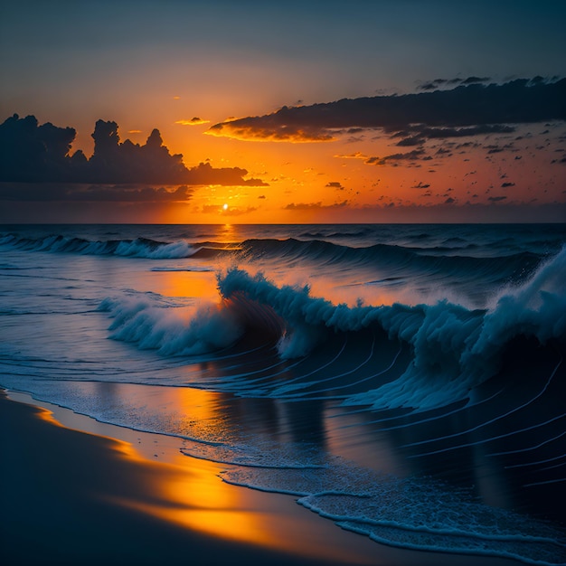 Photo a sunset with a wave breaking on the beach