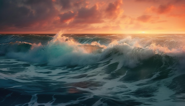 A sunset with a wave in the foreground and a cloudy sky in the background.