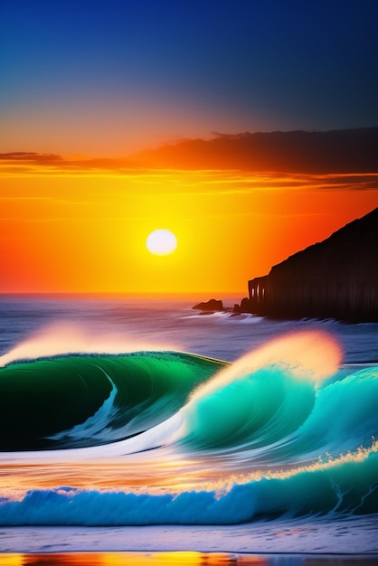 A sunset with a wave in the foreground