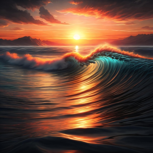 Photo a sunset with a wave and the sun setting behind it.