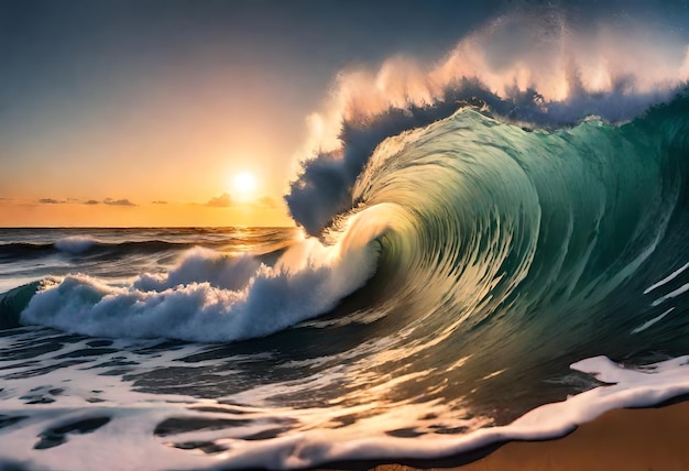 Photo a sunset with a wave in the water and the sun setting behind it