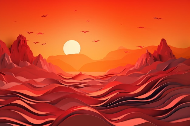 A sunset with waves and mountains in the background