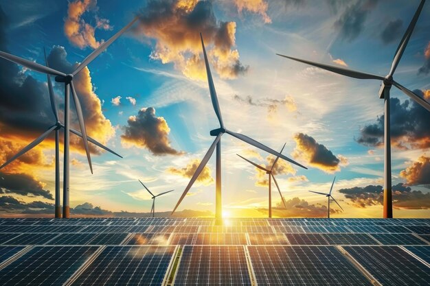 Photo sunset with wind turbines and solar panels against a colorful sky