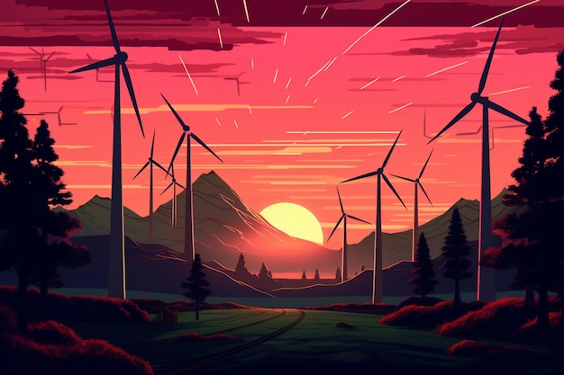 A sunset with windmills in the foreground and a mountain in the background.