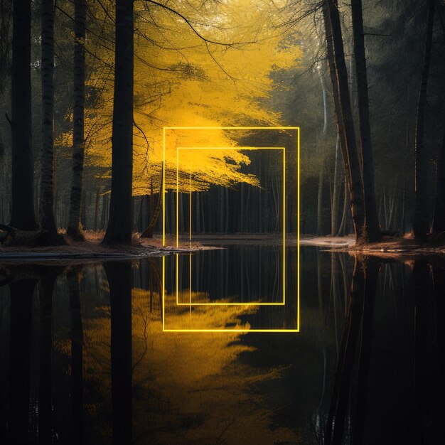 Photo a sunset with a yellow door in the middle of the woods