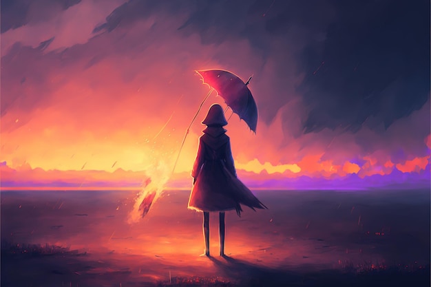 A girl flying on a broomstick through a rainy sky, anime graphic novel style