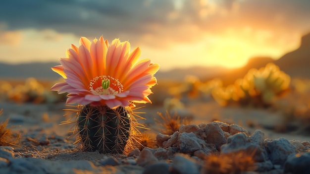 사막 위의 모래와 큰 복사 공간에서 해가 지는 밝은 타스가 꽃을 피우고 있습니다.