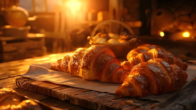 Photo sunsets warm croissants embrace enriches golden crust ai generated