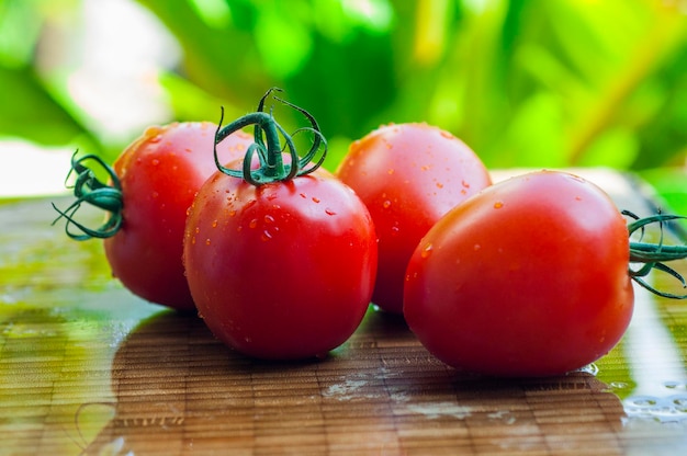 Sunshine fresh tomatoes wooden cutting board