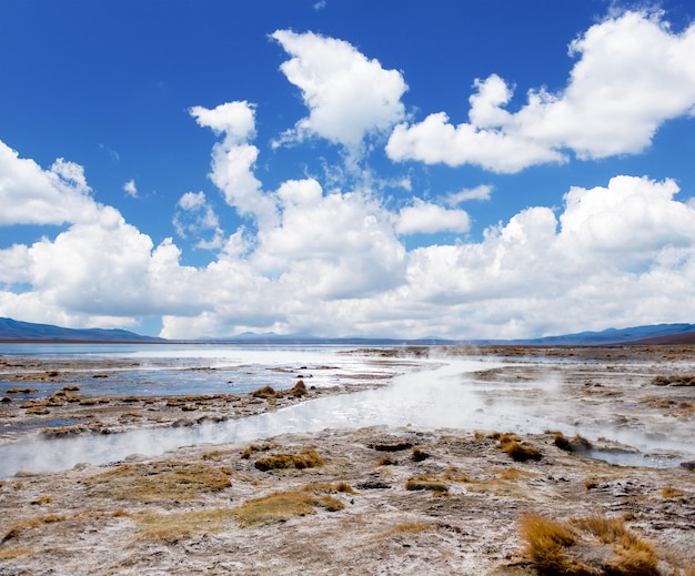 ボリビアの蒸気と間欠泉で覆われた太陽の光の表面