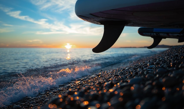 Sup board fin closeup at sunset by the sea