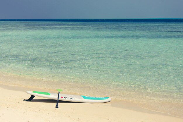 Sup board sulla spiaggia sabbiosa delle maldive