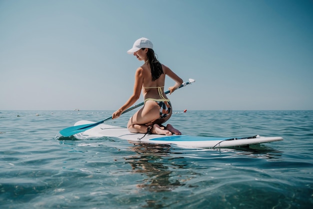 透き通った水で美しい穏やかな海を航海するスタンドアップパドルボードの若い女性