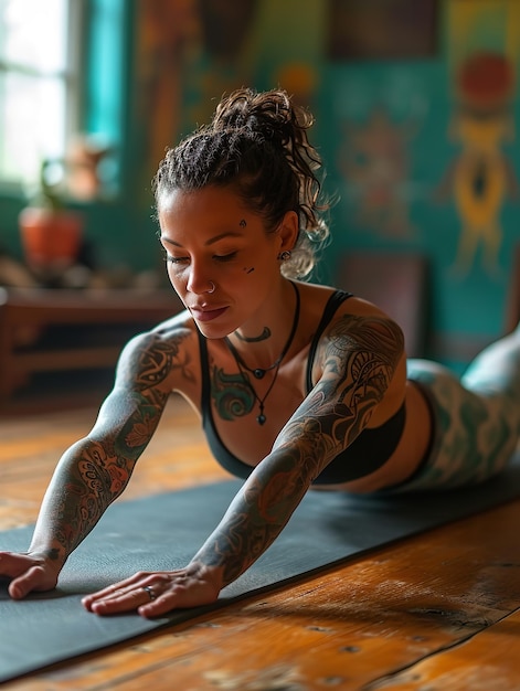 Foto super aantrekkelijke vrouw doet yoga in de ochtendzon generatieve ai