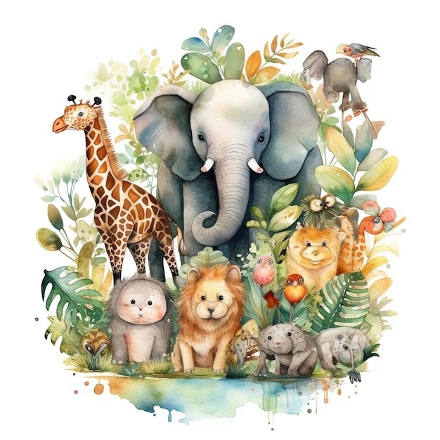 Super Adorable Watercolor Cute Jungle Nursery Art