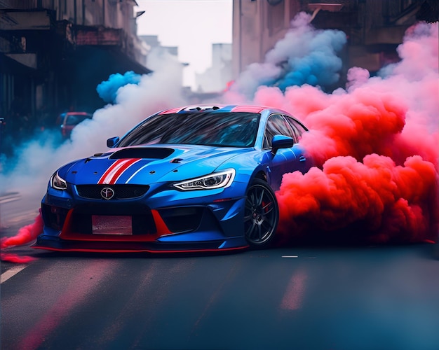 Super auto Drifting met rode en blauwe rook