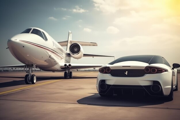 Super auto en privéjet op de landingsbaan Business class