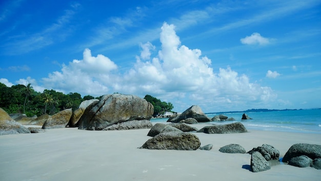 Super beautiful beach with big rocks and tropical forest on the island of bangka belitung indonesia