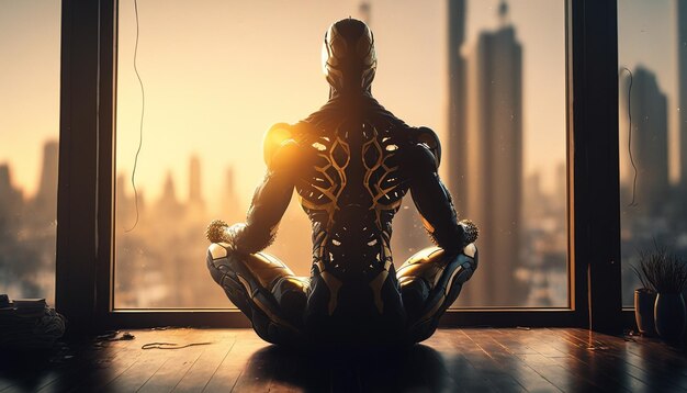 Super being in a lotus position with meditation on the background of the city at sunset Generative AI illustrator