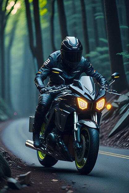 Photo super biker rider in the road forest generative ai