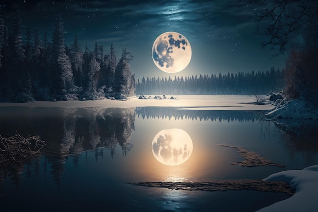 슈퍼 블루 보름달 빛 소나무 숲 호수 눈 덮인 땅과 물에 반영된 달 그림자 석양의 상상의 자연 장면 여기에 약간의 안개가 있습니다